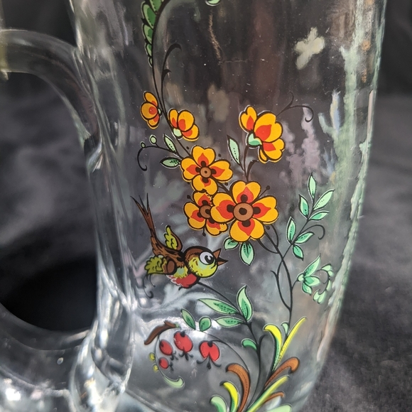 German Beer Stein Vintage Lidded Bird Hunter Forest Flower Butterfly Clear Glass - Picture 6 of 11